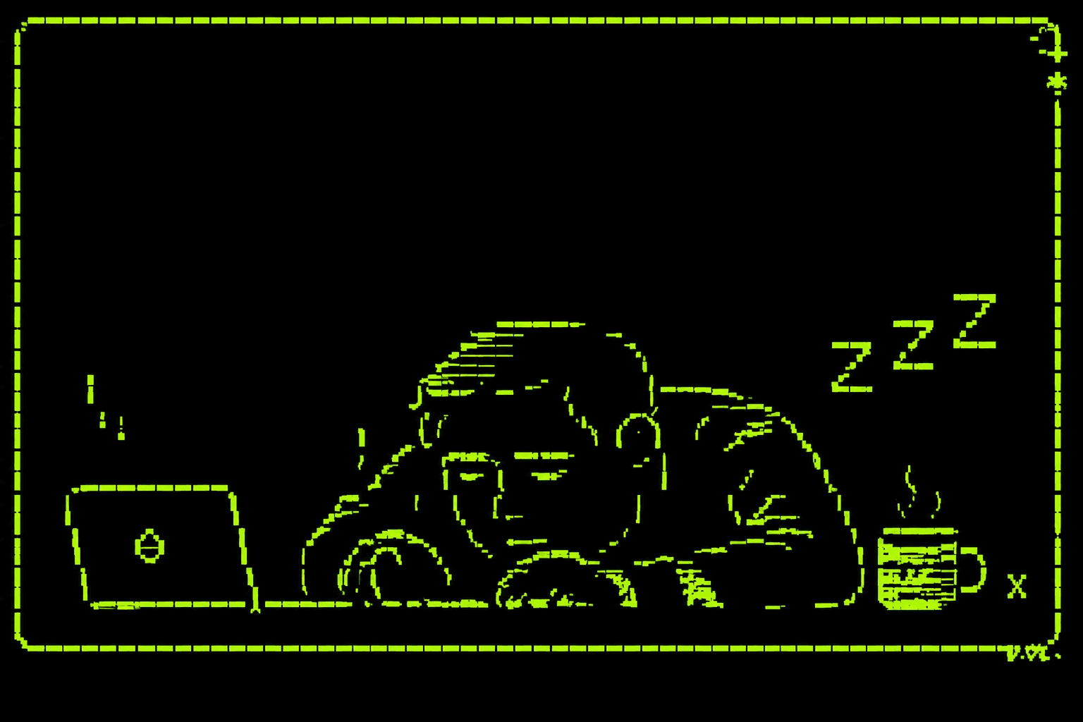 Pixel-style sleeping coder at a laptop with coffee.
