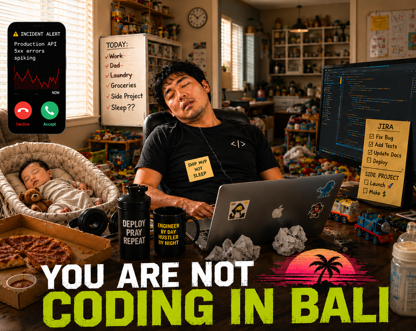 You are not coding in Bali: exhausted engineer dad asleep at a chaotic desk with family duties and work incidents around him.