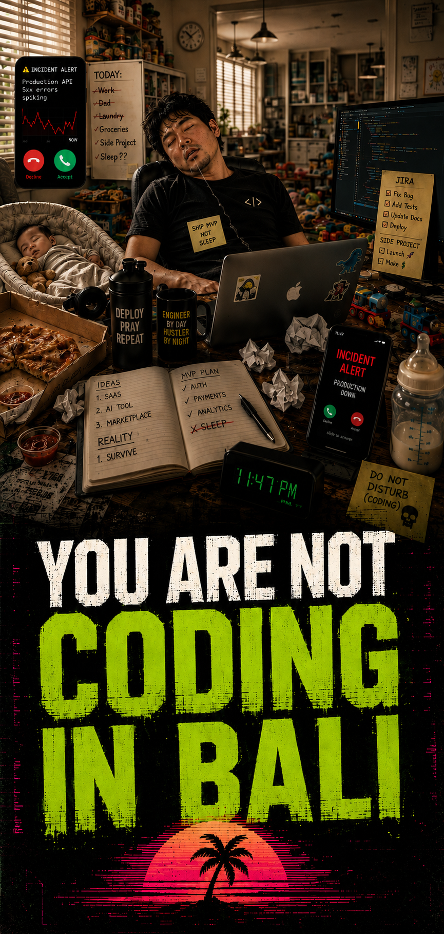 You are not coding in Bali: exhausted engineer dad asleep at a chaotic desk with family duties and work incidents around him.